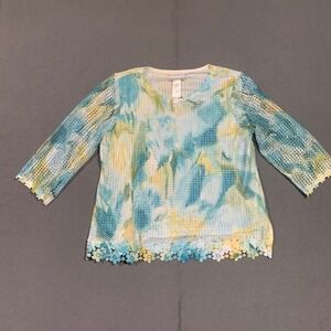 Womens MP Petite Floral Lace Top Crochet Green Blue Yellow Beach Coastal Grandma